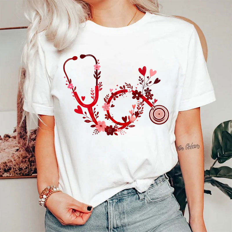 Floral Nurse Stethoscope Valentine Nurse T-shirt