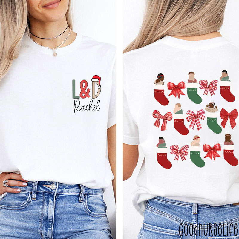 Personalized Christmas Stockings Bows And Characters Nurse Two Sided T-Shirt