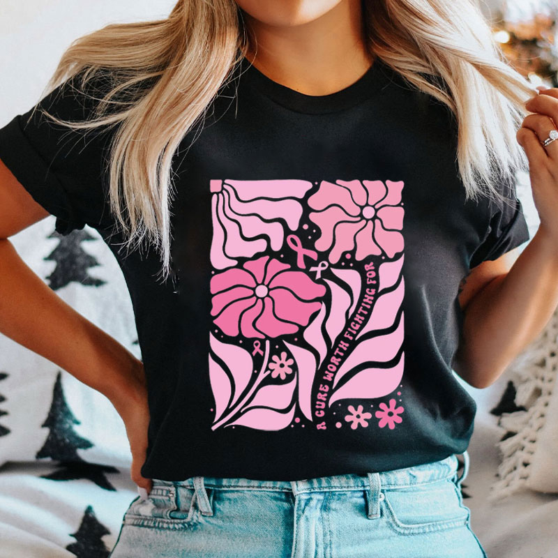 Pink Floral For Breast Cancer Cure Nurse T-Shirt