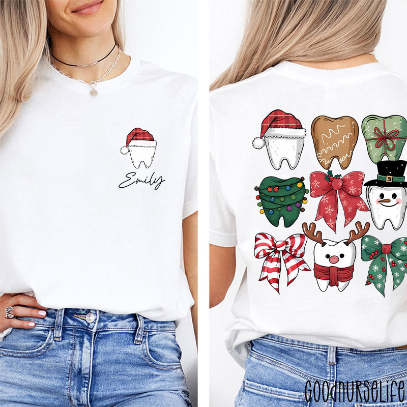 Personalized Christmas Dental Festive Tooth Nurse Two Sided T-Shirt