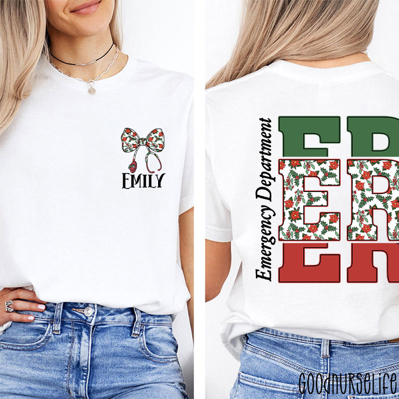 Personalized Christmas Bow And Stethoscope Christmas Floral Nurse Two Sided T-Shirt
