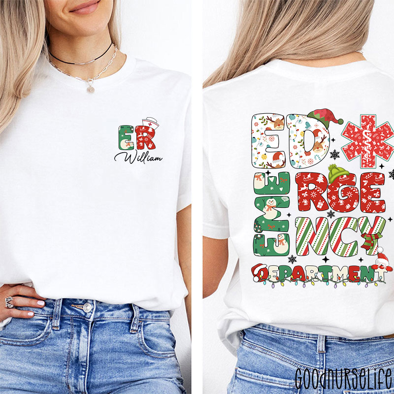 Personalized Festive ED Urgency Nurse Two Sided T-Shirt