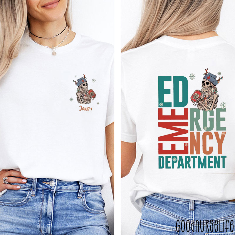 Personalized Christmas Emergency Department Skeleton With Medical Elements Nurse Two Sided T-Shirt