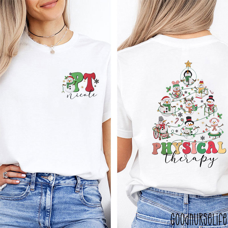 Personalized Physical Therapy Snowman PT Christmas Tree Two Sided T-Shirt