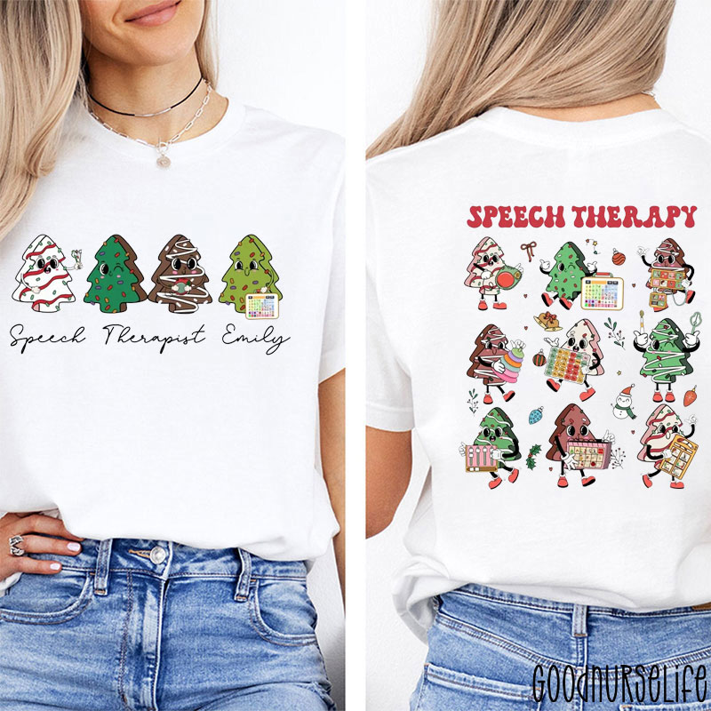 Personalized Festive Tree Speech Therapy Two Sided T-Shirt