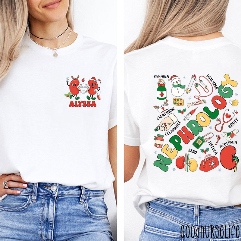 Personalized Festive Nephrology Elements With Snowman And Holly Accents Two Sided T-Shirt