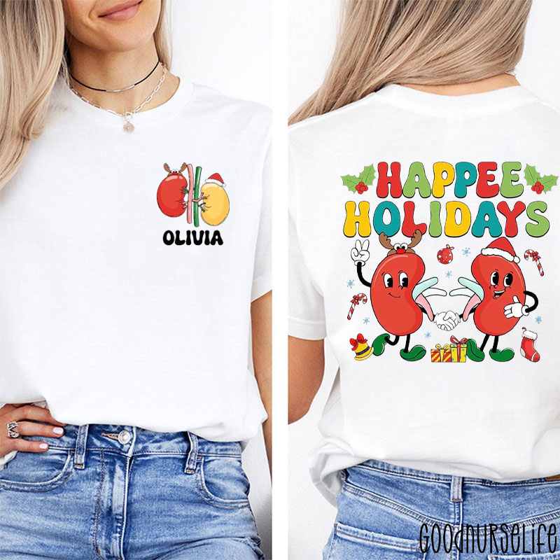 Personalized Happee Holidays Kidney With Festive Two Sided T-Shirt