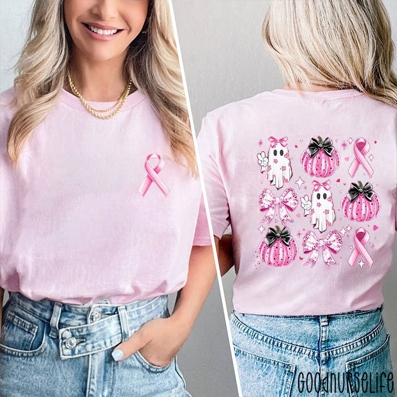 Pink Ribbon Pink Ghost And Pumpkin Breast Cancer Awareness Nurse Two Sided T-Shirt