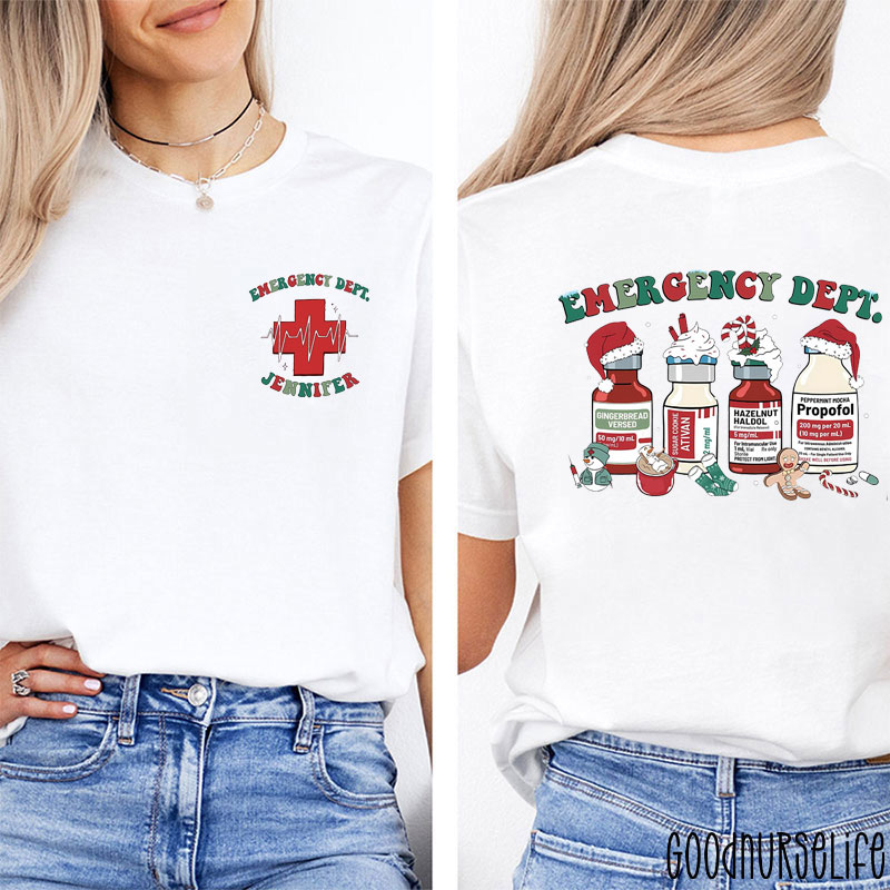 Personalized Emergency Dept Christmas Festive ED Medication Nurse Two Sided T-Shirt