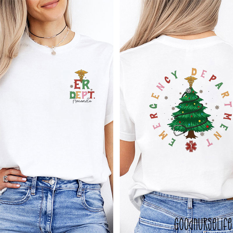 Personalized Emergency Department Christmas Tree Festive Medical Nurse Two Sided T-Shirt
