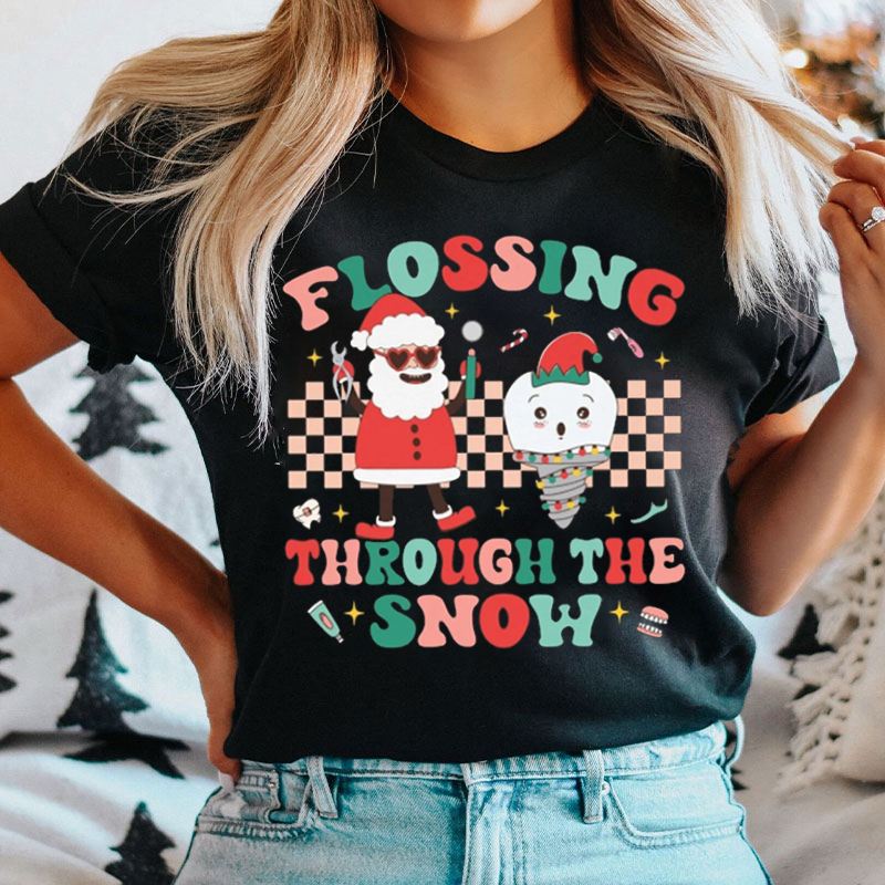Flossing Through The Snow Christmas Dentist T-Shirt