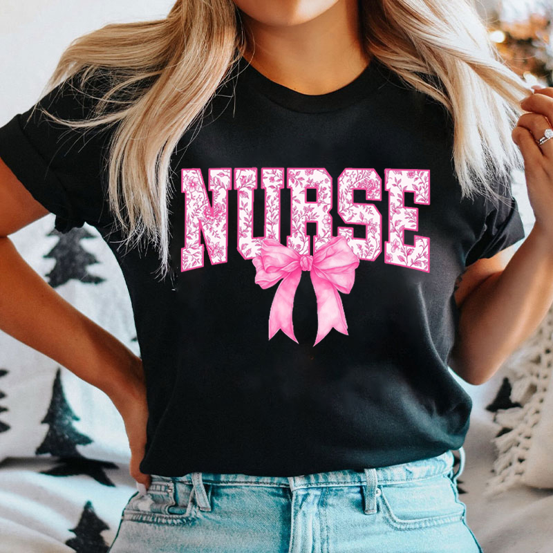 Personalized Pink Bow Flower Print Nurse T-Shirt