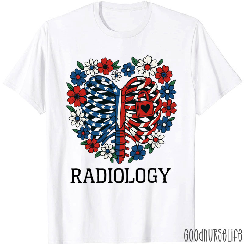 Rib Cage American Flag Flower Radiology T-Shirt