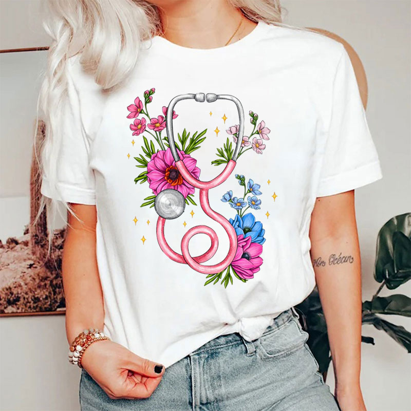 Floral Stethoscope Sublimation Nurse T-Shirt