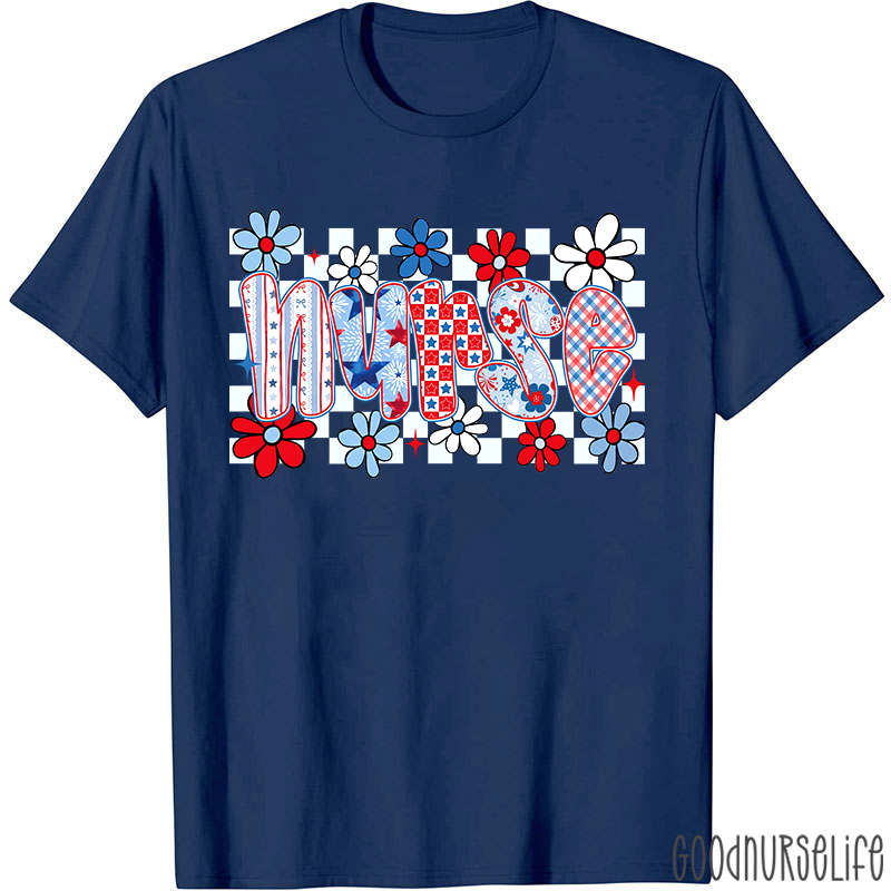 Patriotic Checkered Flowers Nurse T-Shirt