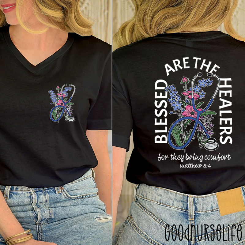 Blessed Are The Healers Nurse Female V-Neck Two Sided T-Shirt