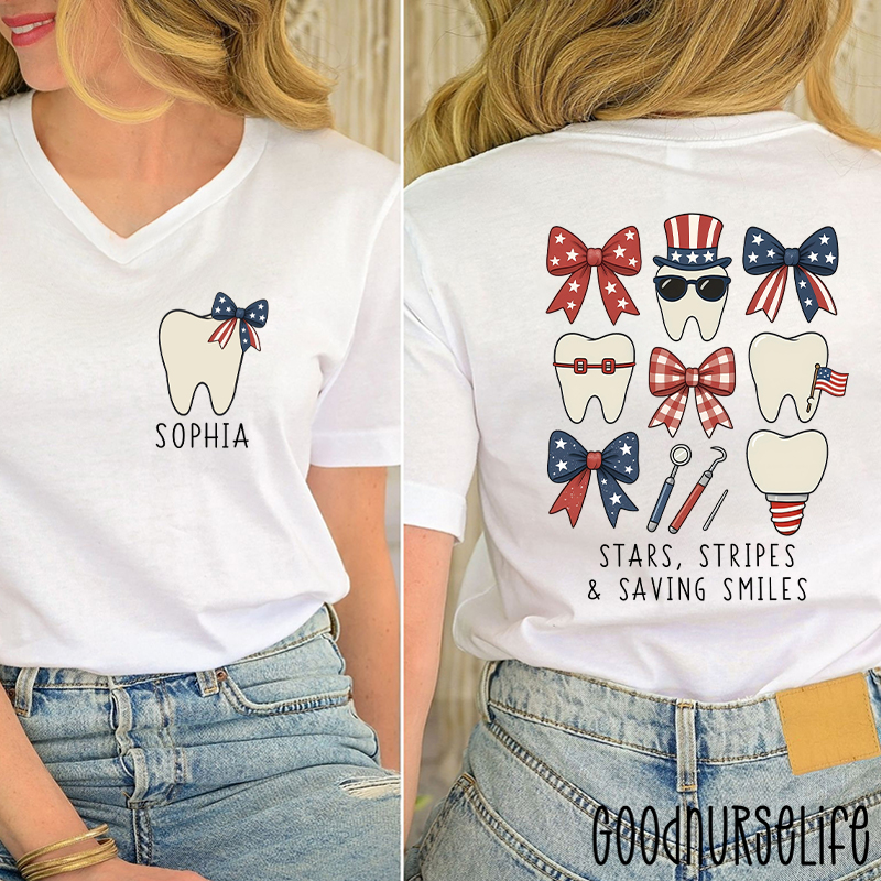 Personalized Stars Stripes & Saving Smiles Female V-Neck Two Sided T-Shirt