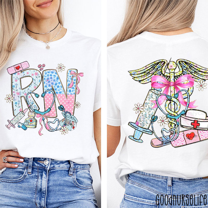 Personalized Job Title Floral Bow Nurse Two Sided T-Shirt
