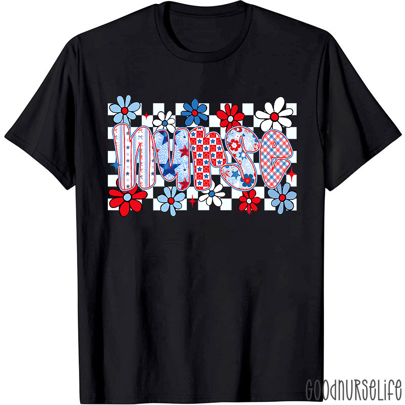 Patriotic Checkered Flowers Nurse T-Shirt