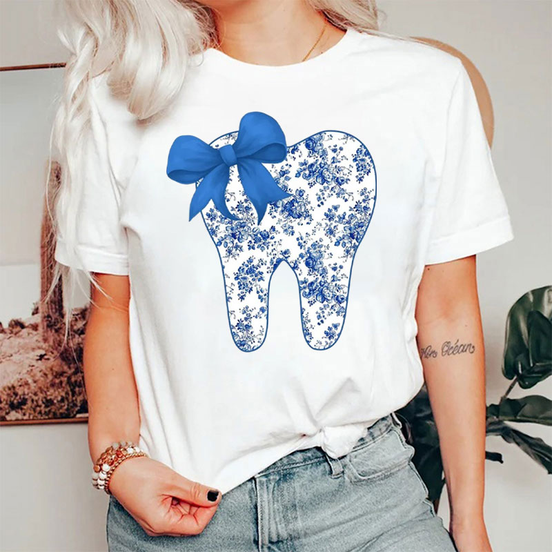 Tooth Chinoiserie Toile Floral Dental Coquette Bow T-Shirt
