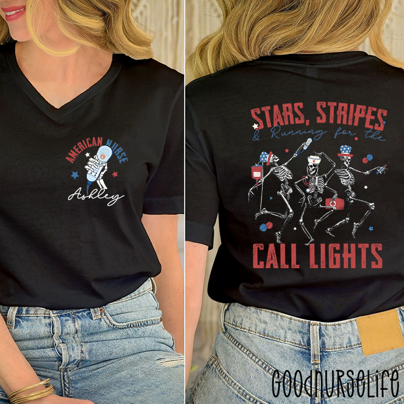 Personalized Stars Stripes & Running For The Call Lights Female V-Neck Two Sided T-Shirt