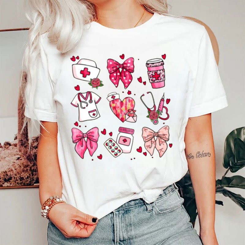 Cute Nurse Valentine Pink Leopard Bows Nurse T-shirt