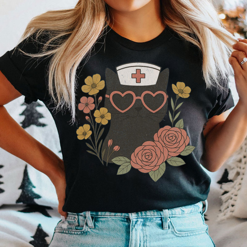 Floral Black Cat Nurse T-shirt