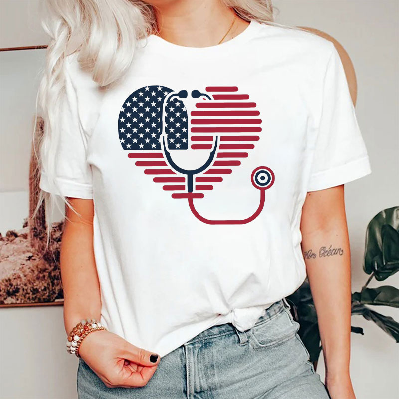 American Flag Stethoscope Medical Heart Nurse T-Shirt