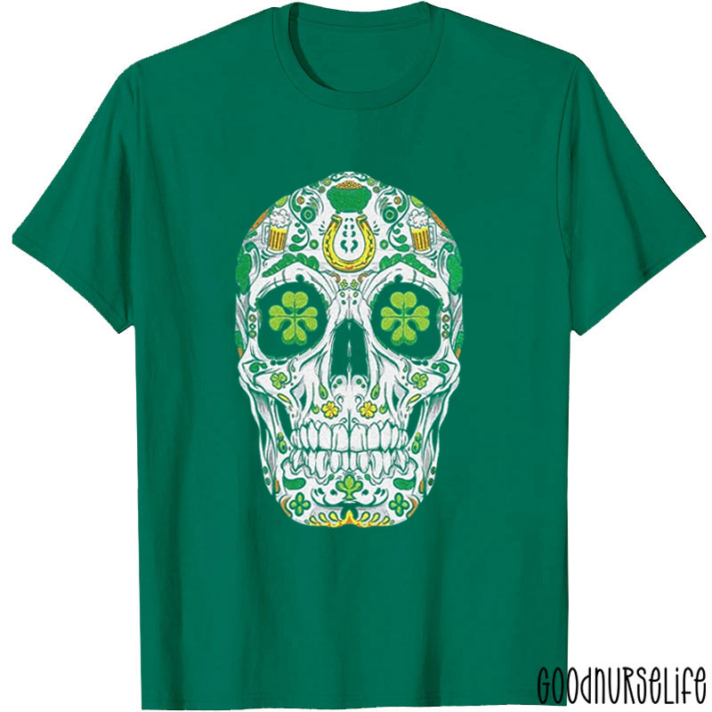 St Patricks Day Skull Shamrock Nurse T-Shirt