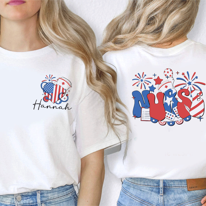 Personalized The Fourth Of July American  Love shaped American flag Nurse Two Sided T-Shirt
