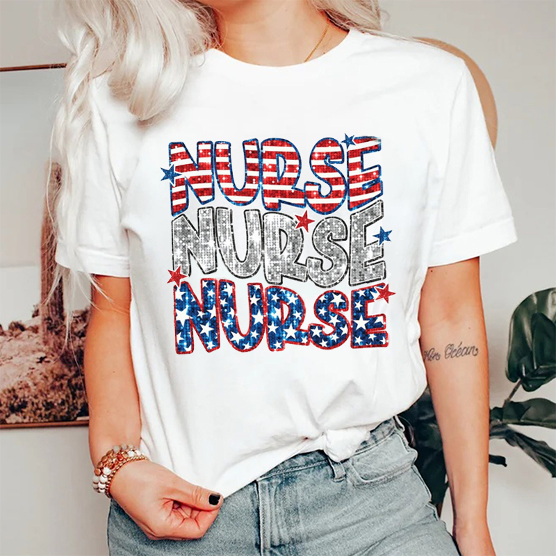 Glitter Star And Strip Flag Nurse T-Shirt