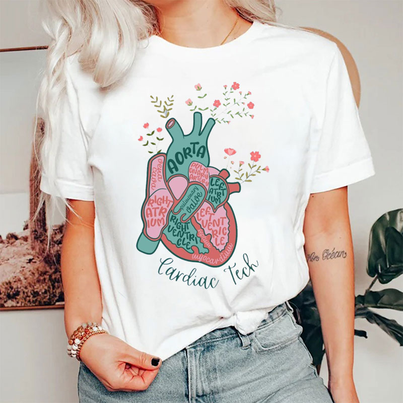 Cardiac Tech Heart And Flower Nurse T-Shirt