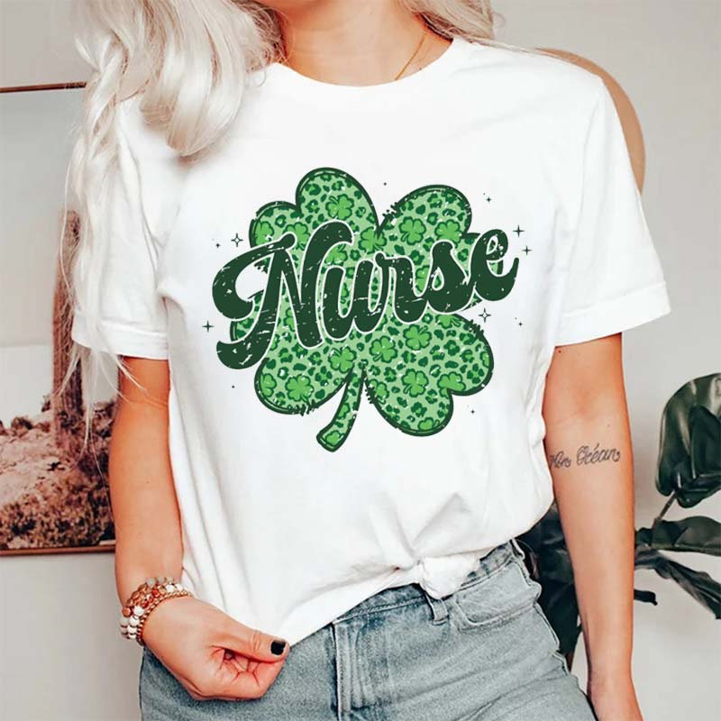 Leopard Printed Clover Nurse T-Shirt