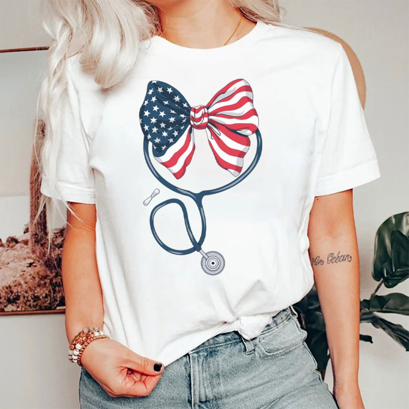 Fourth Of July Stethoscope Bow Nurse T-Shirt