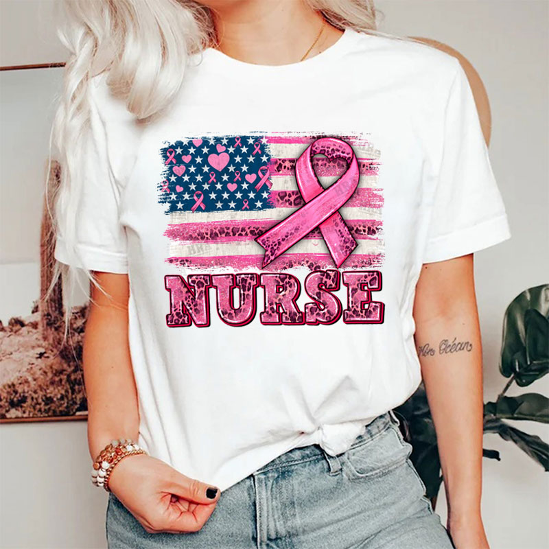 Nurse American Flag And Cancer Ribbon Nurse T-shirt