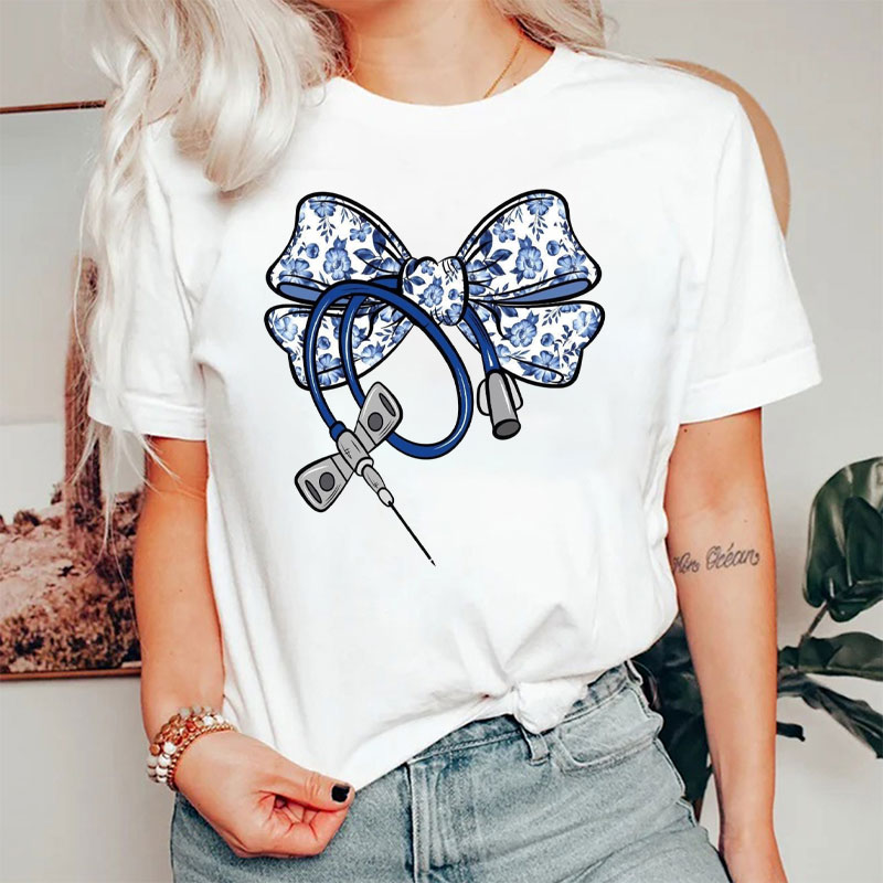 Blue Floral Coquette Bow Phlebotomist Nurse T-Shirt
