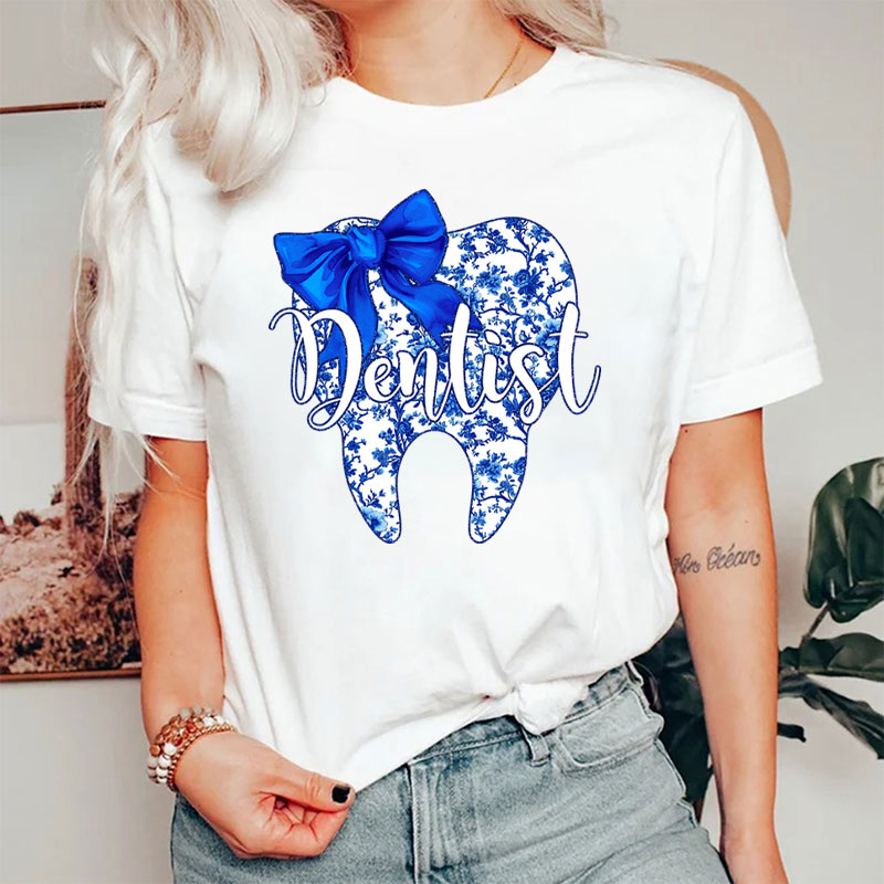 Tooth Chinoiserie Floral Dentist Teeth Coquette Bow T-Shirt