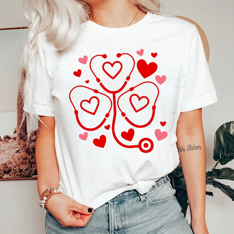Valentine Clover Shaped Stethoscope Red Heart Nurse T-Shirt