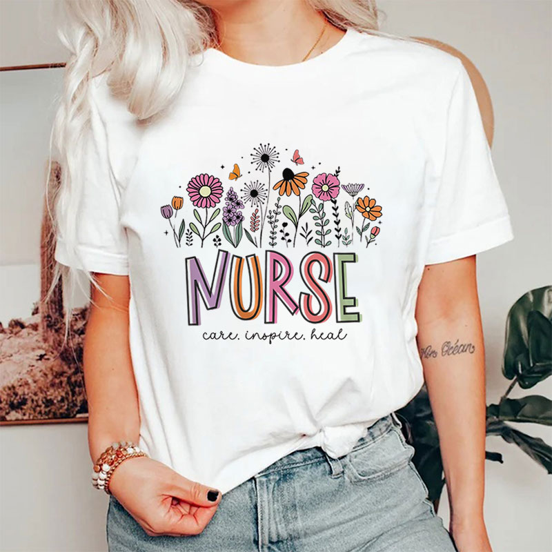 Retro Nurse Wildflowers Care Inspire Heal Nurse T-Shirt