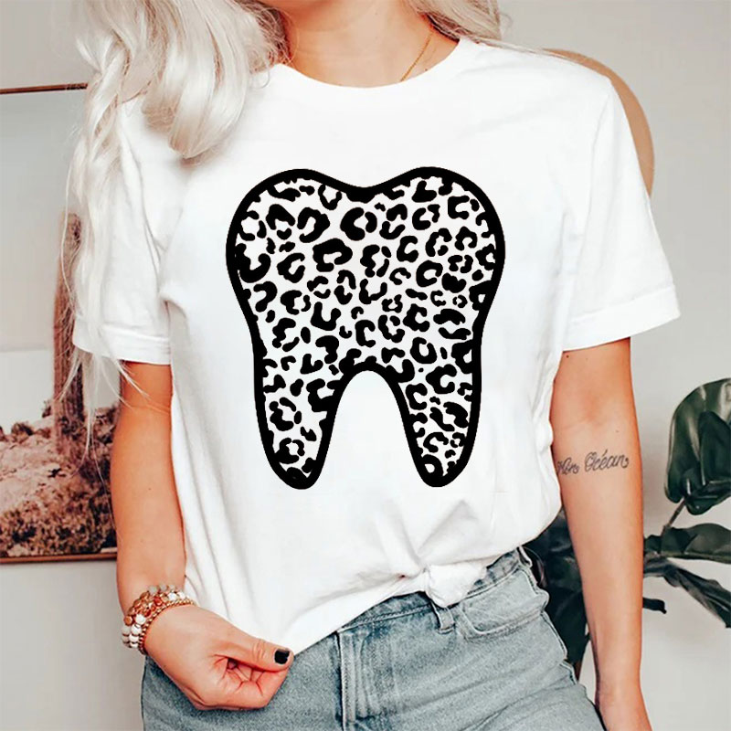 Leopard Printed Tooth Dental Nurse T-shirt