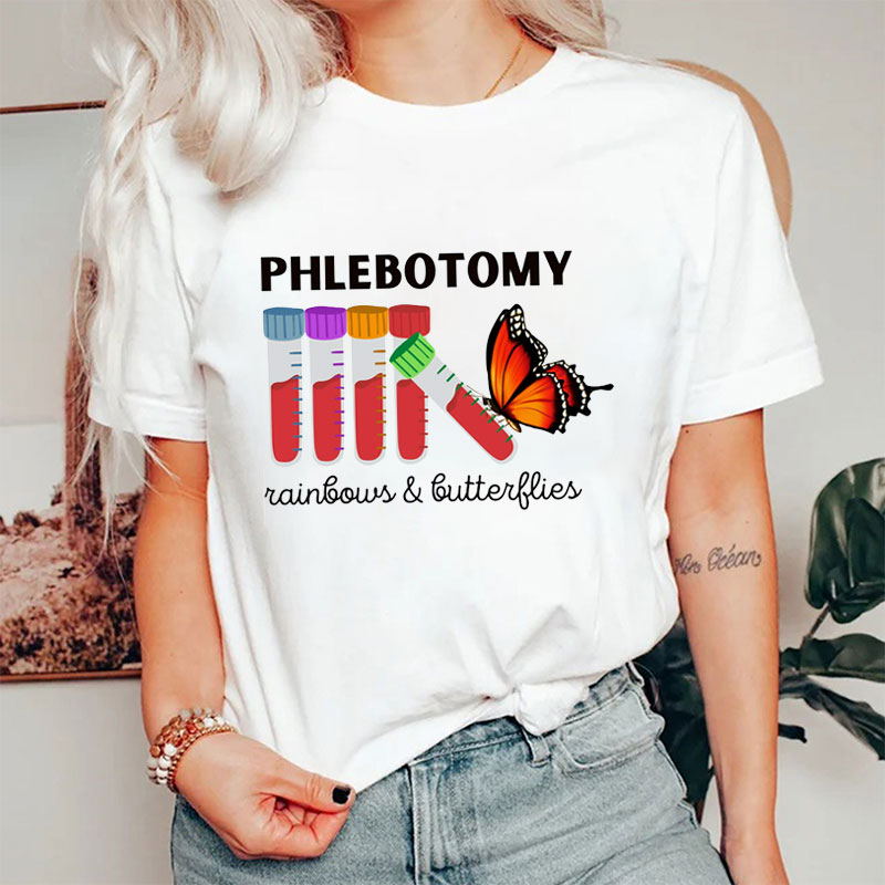 Phlebotomy Rainbow And Butterflies Nurse T-Shirt