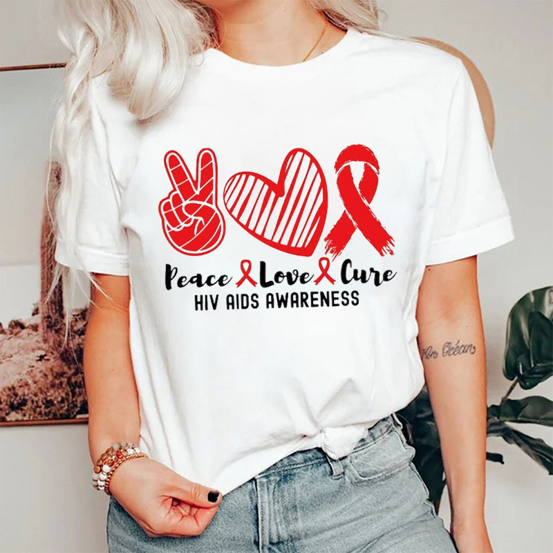 Peace Love Cure Hiv Aids Awareness Nurse T-shirt