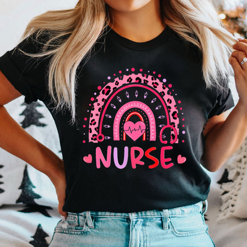 Pink Leopard Print Rainbow Nurse T-Shirt
