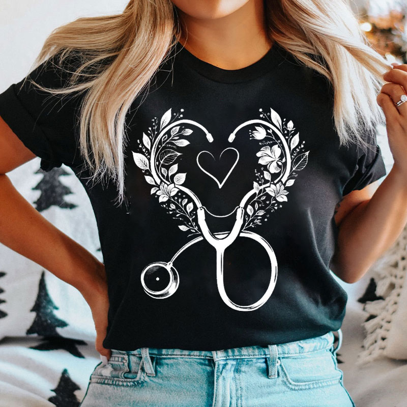 Floral Heart Stethoscope Nurse T-shirt