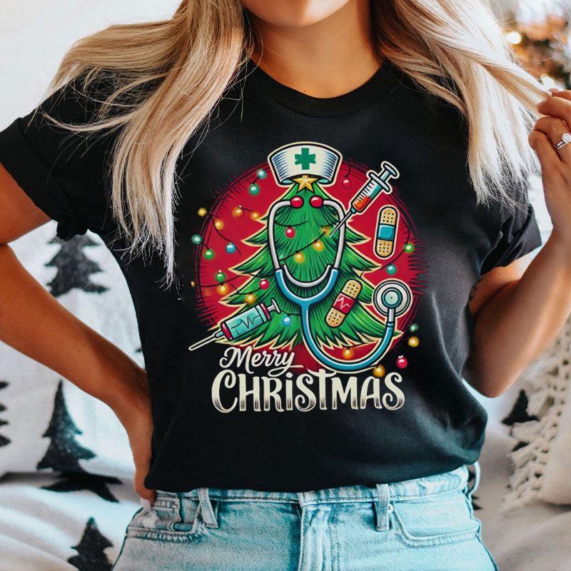 Retro Style Merry Christmas Nurse T-shirt