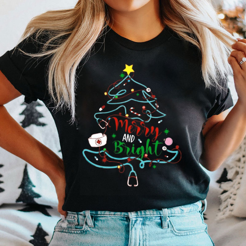 Merry And Bright Stethoscope Nurse T-Shirt