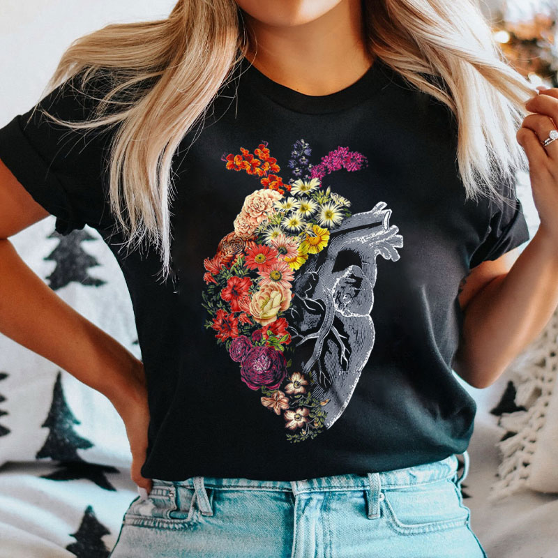 Anatomical Heart With Flowers Nurse T-Shirt