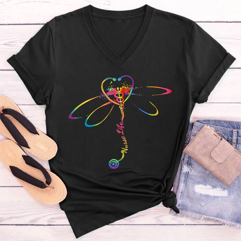 Colorful RN Nurse Life Nurse Female V-Neck T-Shirt