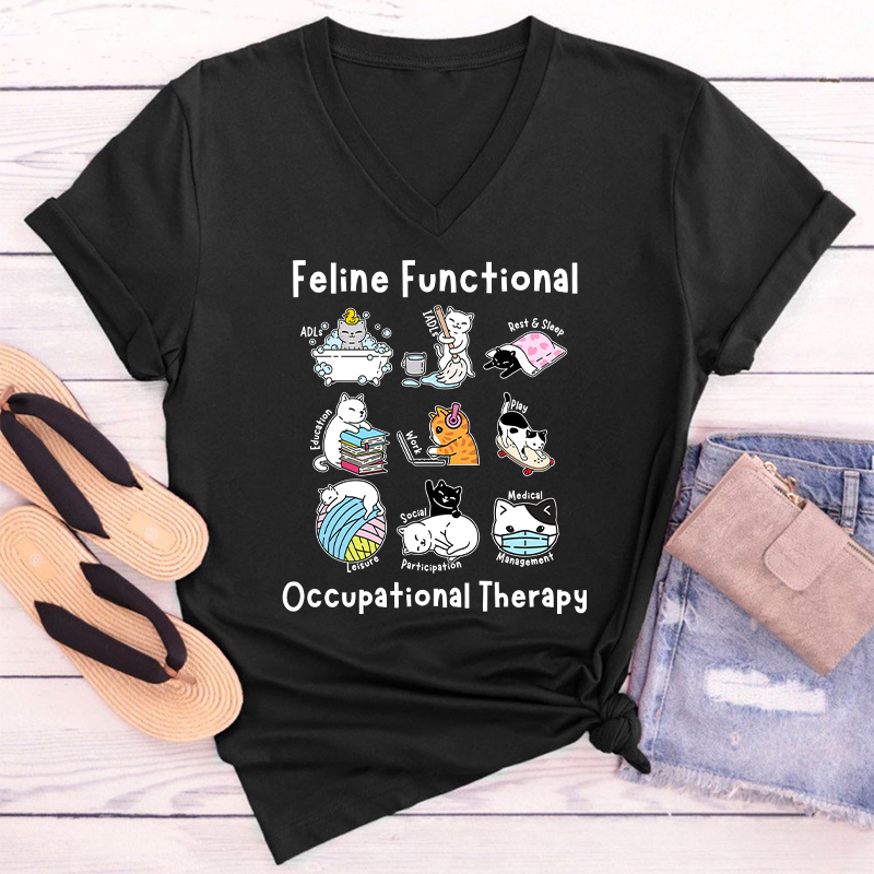 Feline Functional Occupational Therapy Occupational Therapist Female V-Neck T-Shirt