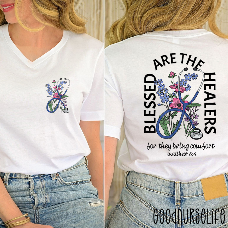 Blessed Are The Healers Nurse Female V-Neck Two Sided T-Shirt